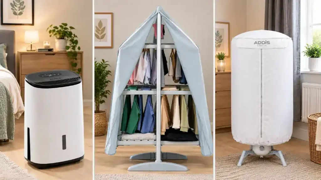 Dehumidifier, covered heated airer and drying pod side by side, compared for which is best for a small flat