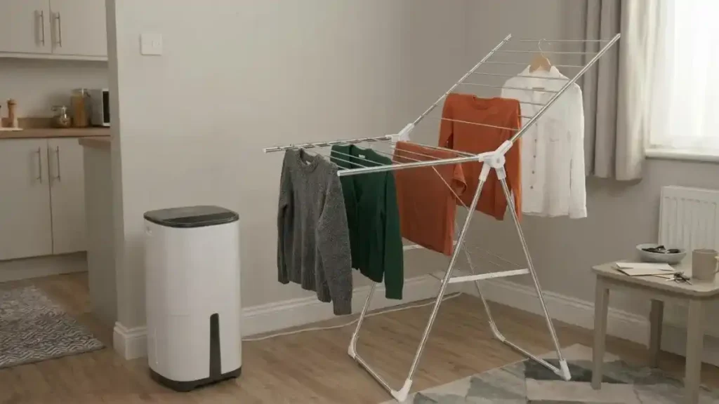 Dehumidifier running next to a clothes airer with jumpers and shirts, showing how a dehumidifier dries clothes faster indoors