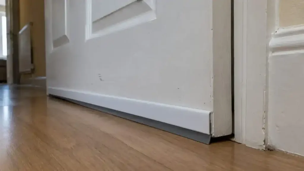 Draught seal strip fitted along the bottom of a white internal door to close the gap under the door