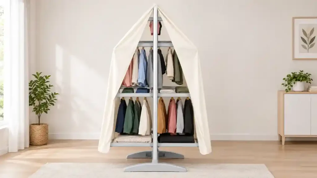 Tiered heated airer with a fabric cover draped over hanging shirts and jumpers to trap warm air and dry clothes faster