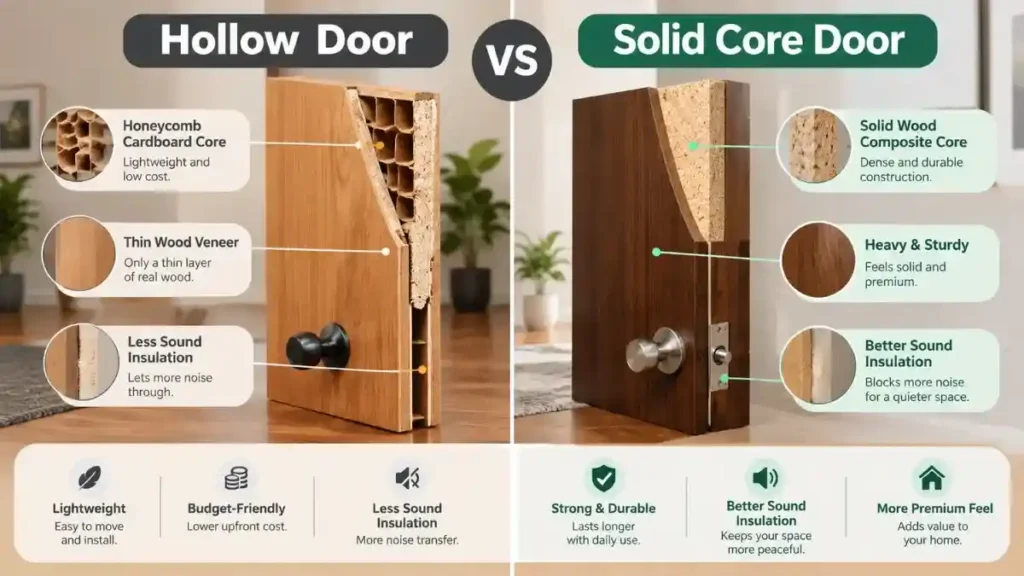 Comparison of a hollow honeycomb core door and a solid core door and how much noise each blocks