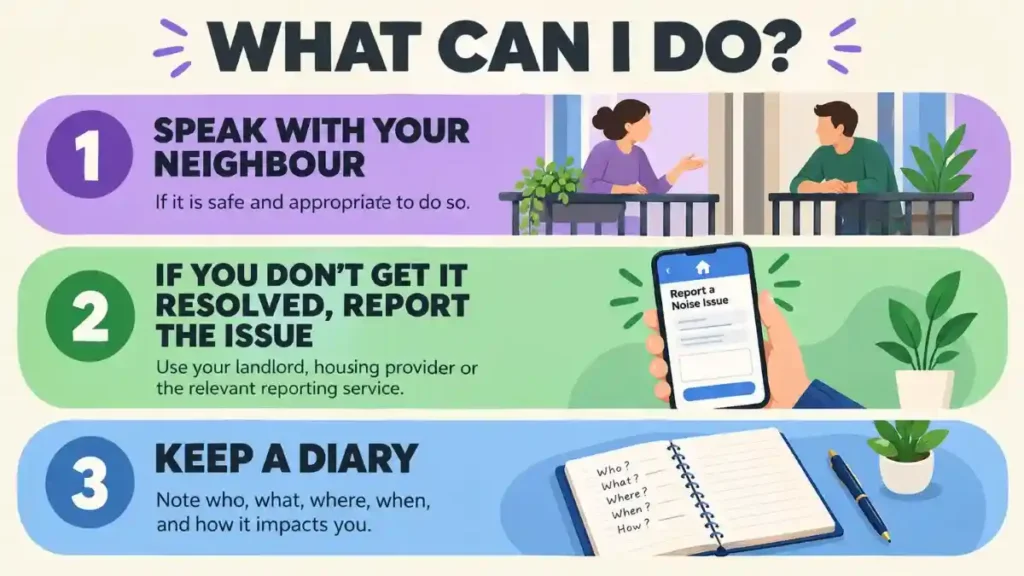 Infographic with three steps for a noisy neighbour: speak to them, report the issue and keep a noise diary