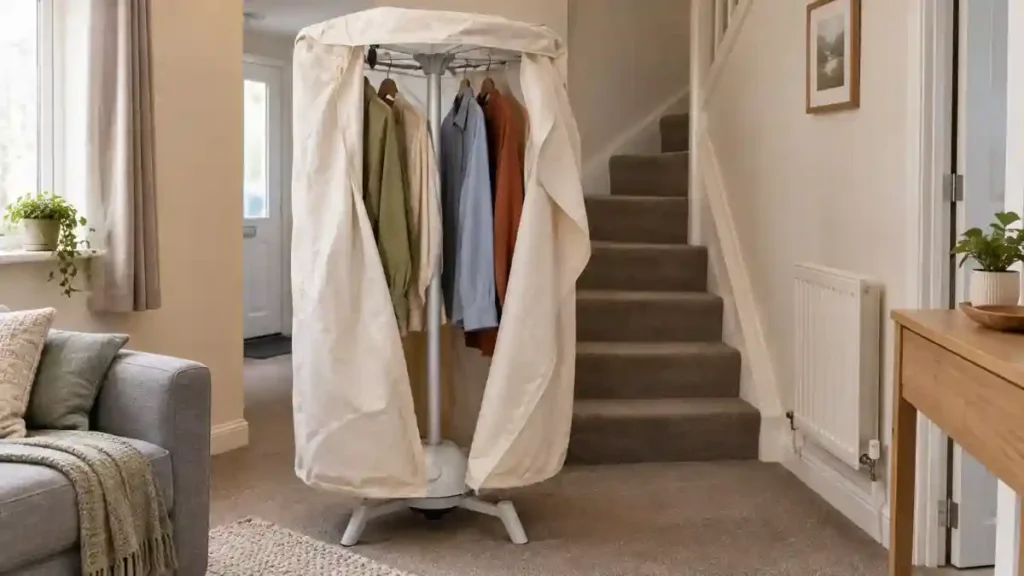Drying pod with a fabric cover holding shirts in a small flat hallway near the stairs, to dry clothes in a small footprint