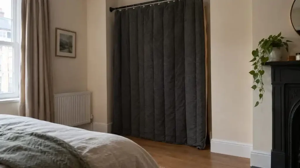 Heavy grey quilted curtain on a tension rod across a bedroom alcove to reduce noise