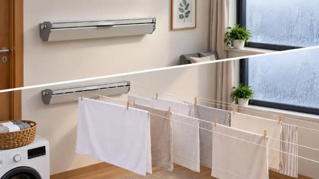 Wall-mounted retractable clothesline shown closed and fully extended with towels drying, ideal for a flat with no balcony