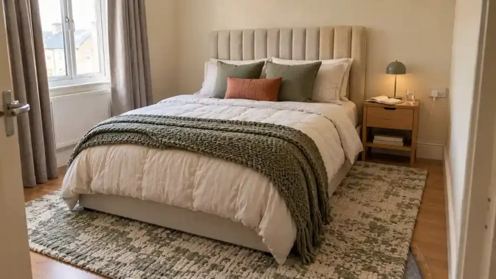 UK rental bedroom with an upholstered headboard, chunky wool rug and soft furnishings to reduce echo