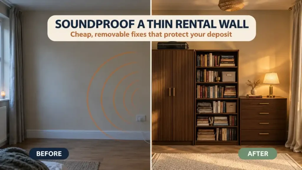 Before and after of a bare thin rental wall and the same wall covered by furniture to soundproof a thin rental wall