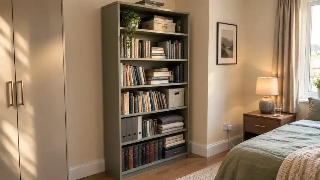 Packed sage-green bookcase against a bedroom wall adding mass to soundproof a thin rental wall