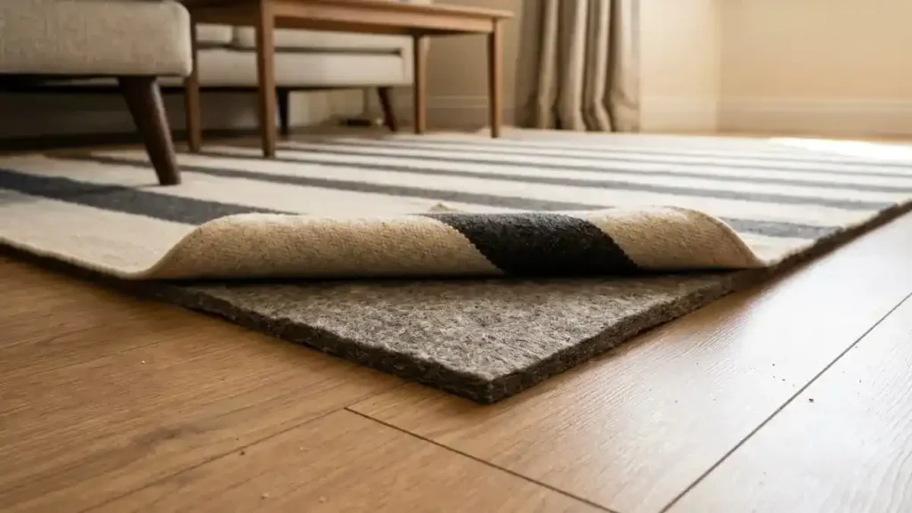 Thick felt underlay under a striped rug on laminate flooring to reduce footstep noise from above